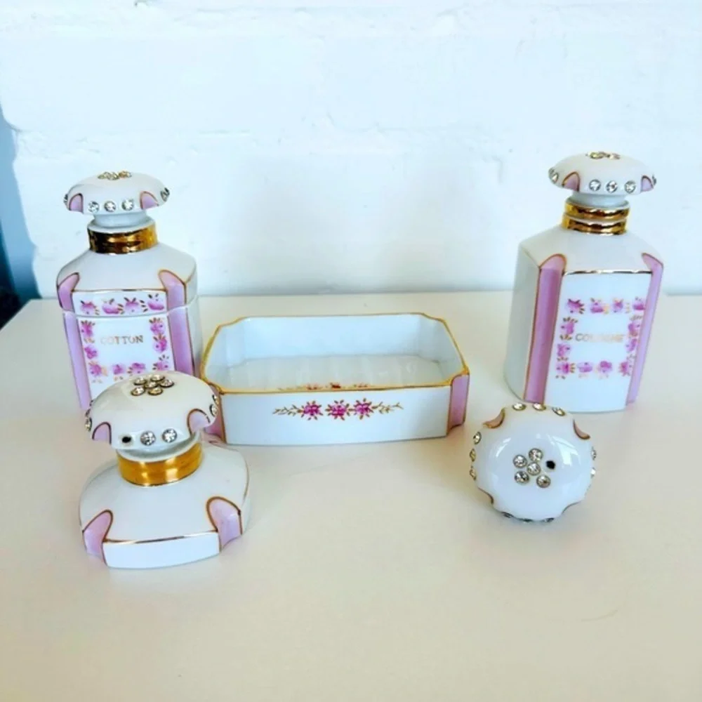 1956 Lefton Vanity Dresser Bottles & Soap Dish Hand Painted Rhinestones/Cork Set